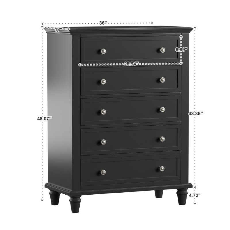 Commode verticale en bois manufacturé à 5 tiroirs avec glissières en métal Jazmond , Noir vulcain