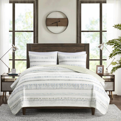 Courtepointe en microfibre à imprimé géométrique, taupe / bleu, double / grand décor taupe et bleu, confortable réversible