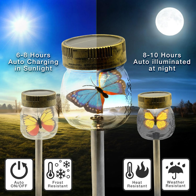 Butterfly Jar Solar Powered LED Glass Pathway Light Set