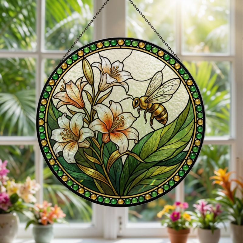 7.8"H Lily Bee Stained Glass Window Panel, 7.8" H x 7.8" W