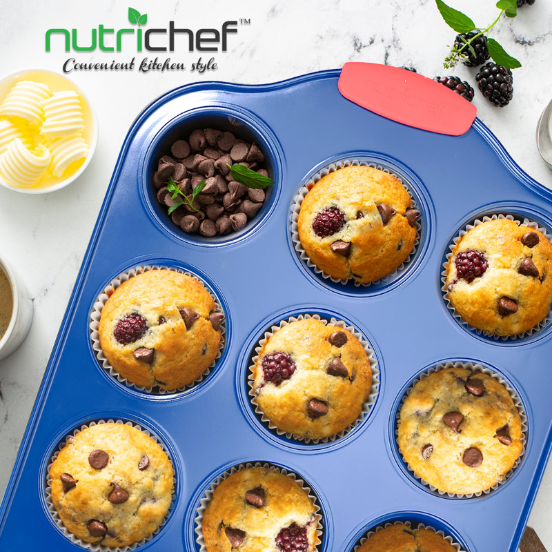 NutriChef Blue Nonstick 12-Cup Muffin Pan with Red Handles
