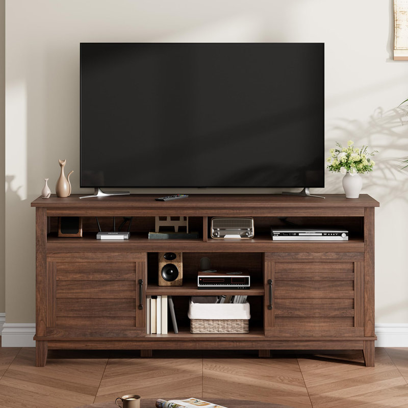 Meuble télé pour téléviseur de 63 pouces, centre multimédia avec étagères réglables, meuble télé de style ferme avec compartiments de rangement, console en bois brun pour salon