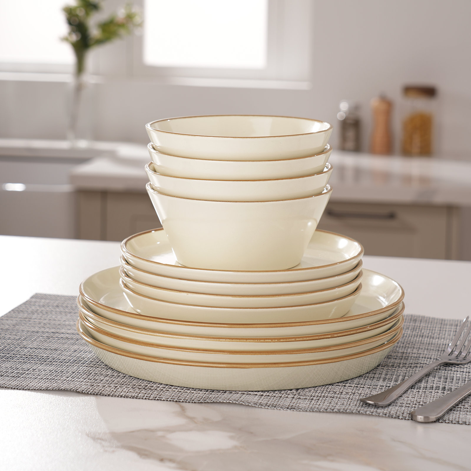 Stoneware Dinnerware Set, Vanilla White