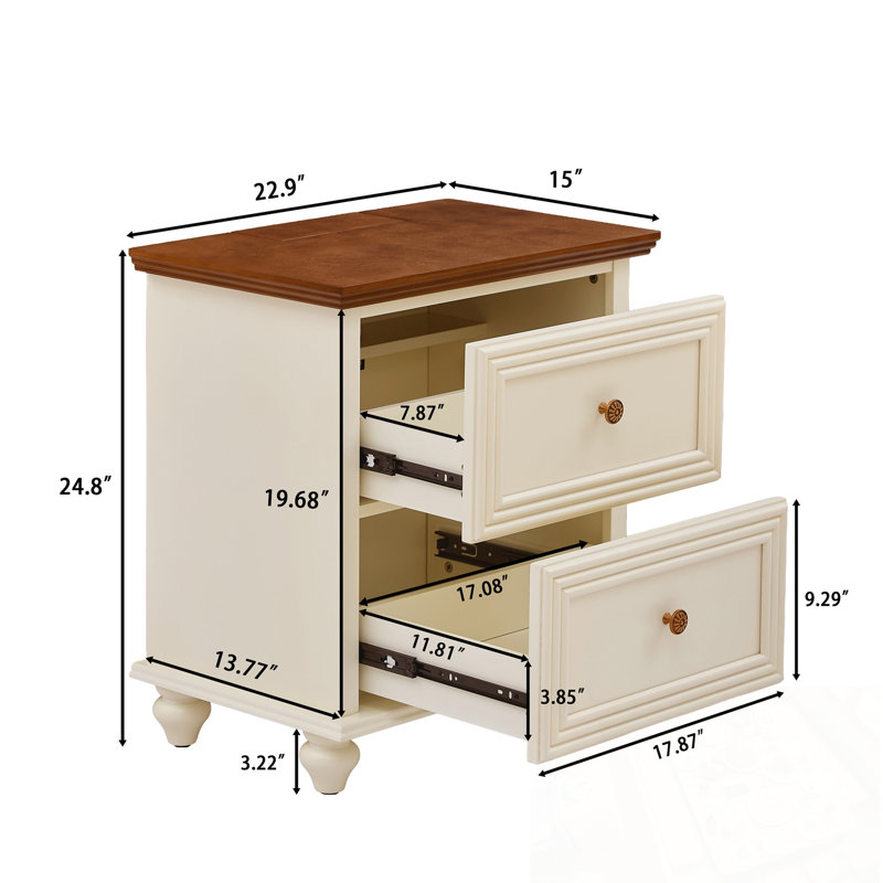 Table de chevet moderne avec station de charge, trou de sortie et 2 tiroirs, Brun / blanc