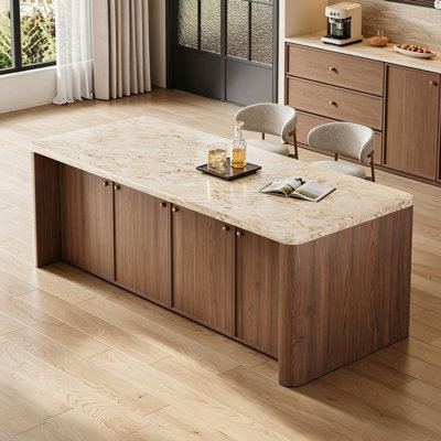 Modern Kitchen Island with Natural Marble Top, Pre-Assembled Freestanding Kitchen Island with Storage Cabinet and Enclosed Doors, Kitchen Cart, Dining Buffet Server and Sideboard for Kitchen and Dining Room
