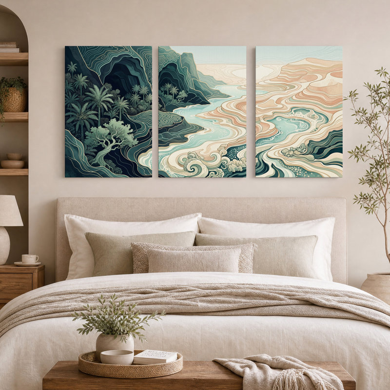 Ensemble de 3 toiles murales représentant une rivière sinueuse traversant une jungle topographique et du sable