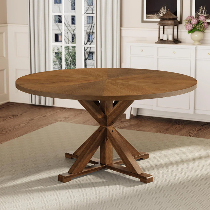 Round Solid Wood Dining Table With 6 Solid Wood Dining Chairs