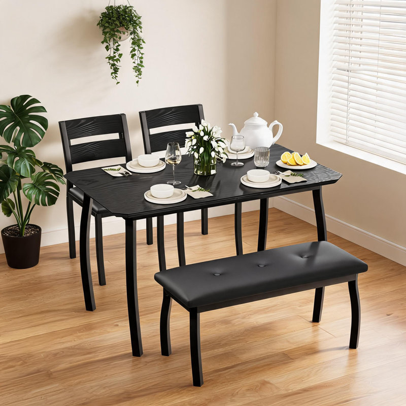 Ensemble de table de salle à manger pour 4 personnes, table de cuisine en bois robuste avec chanfrein et pieds en métal, banc rembourré et 2 chaises de salle à manger classiques, ensemble de cuisine et de salle à manger pour la maison, la fête, un appartement