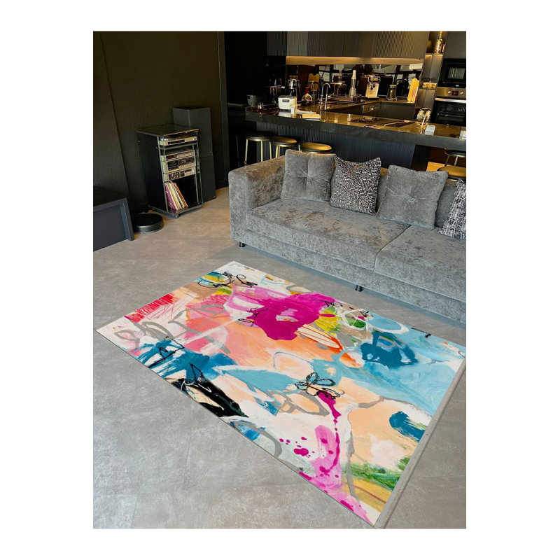 Oil Paint Look Multicolor Abstract Pattern Woven Base Decorative Machine Washable Rug, Runner 3'3" x 6'7" Rug Pad Included