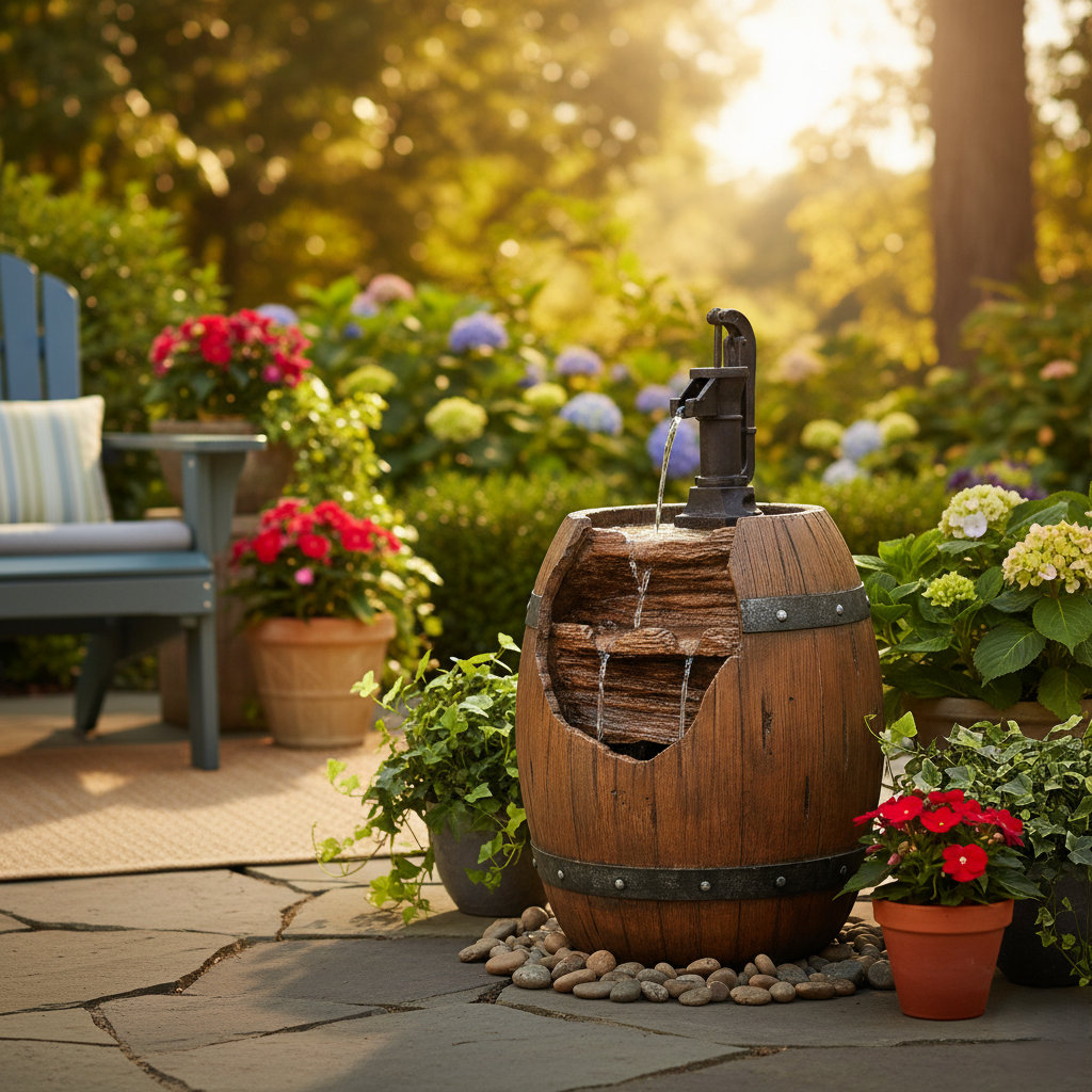 Jessika Vintage Pump and Barrel Outdoor Water Fountain with Adjustable Pump and Realistic Wood Texture Millwood Pines