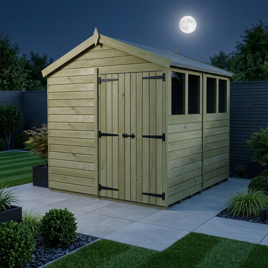 Total Sheds 8ft x 8ft Apex Garden Shed - Double Door - With Windows - Pressure Treated Timber - UK Manufactured
