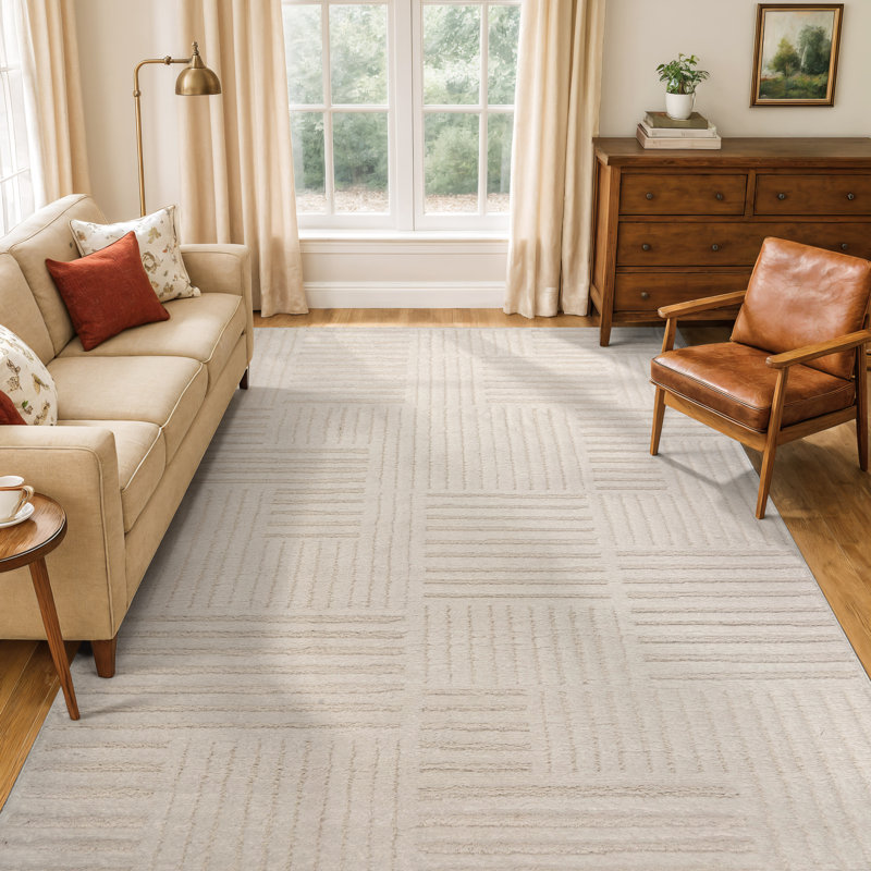 Tapis d'intérieur tissé à la machine, blanc perle, à poils longs et doux, motif vannerie., Blanc, 5 pi x 7 pi