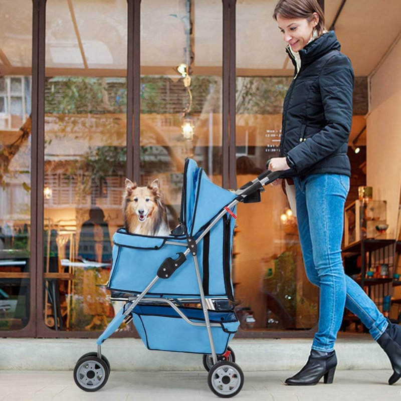 Blue 3-Wheel Folding Pet Stroller for Dogs