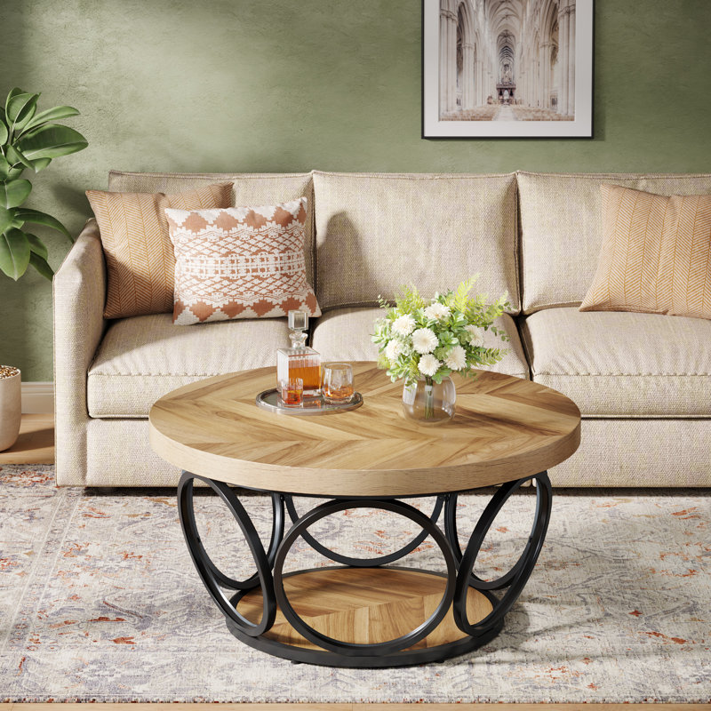 Round Coffee Table,80cm Round Wood Center Table, Farmhouse Large Circle Coffee Tables With 2-tier Storage