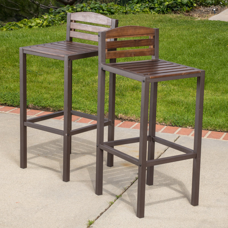 Set of 2 Outdoor Acacia Wood Bar Stools with Metal Frame - Industrial Style Counter Height Stools