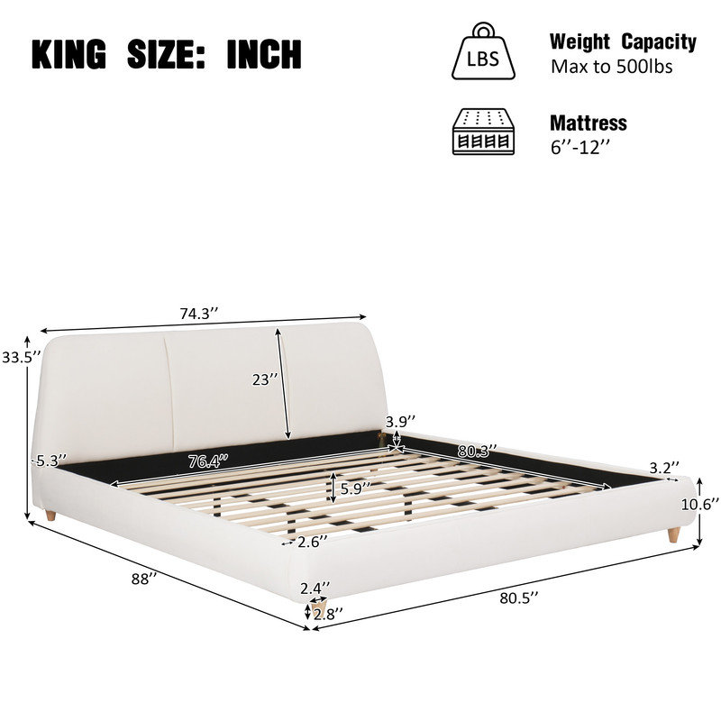 King Size Upholstered Bed Frame with Linen Fabric Headboard Solid Wood Legs & Sturdy Metal Frame