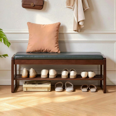 Wood Shoe Storage Bench 39.37 Inch with Premium Vegan Leather Seat, Hidden Lift Top Storage  Tiered Open Shoe Shelves, Sturdy Shoe Rack Bench for Entr