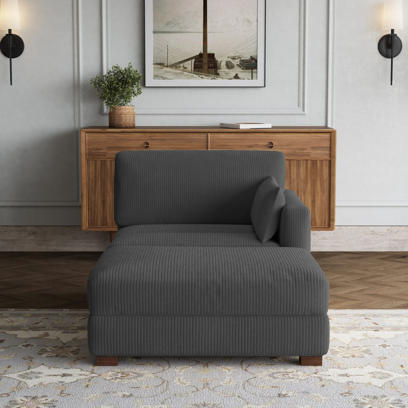 Chaise longue modulaire rembourrée en velours côtelé avec accoudoirs et coussins Bentura, Orienté à droite, Gris