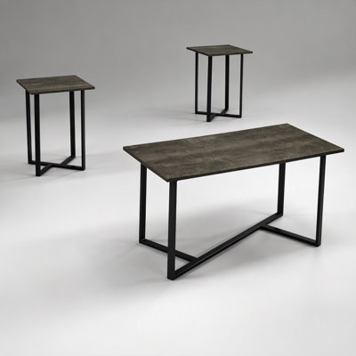 3 Piece Coffee and End Table Set with Dark Brown Laminate and Black Metal