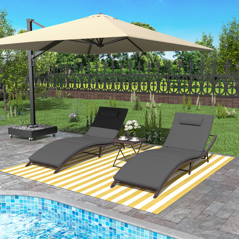 2-Piece Foldable "S"-Shaped Reclining Chaise Lounge Set With Adjustable Backrest And Foldable Rattan Coffee Table, Gray