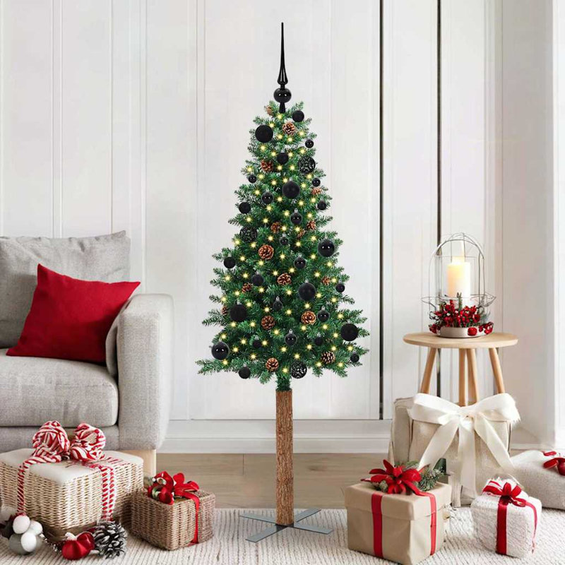 Slim Christmas Tree PVC and Solid Pine wood, Black, 4.92' H