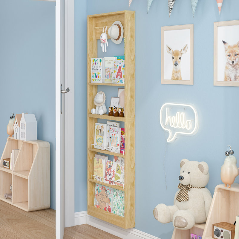 Wall-Mounted Floating Bookcase – 5-Tier Adjustable Shelf with Metal Guards & Hooks, Stackable Modular Design, Natural Wood