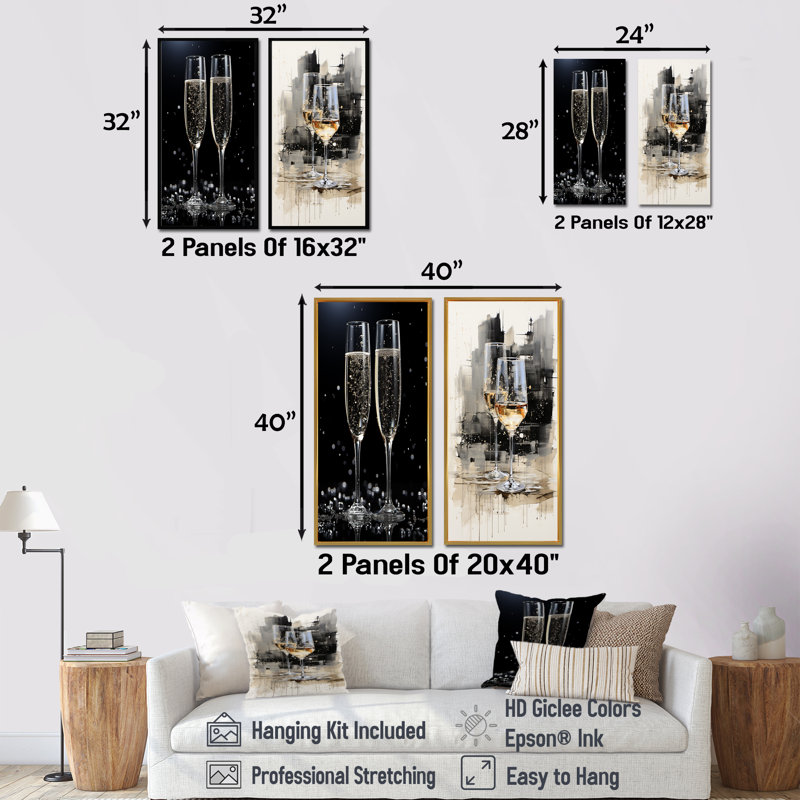 Verre à champagne noir et blanc Essence I - ensemble de 2 impressions sur toile champagne, Cadre blanc, H 32 po x l 33 po