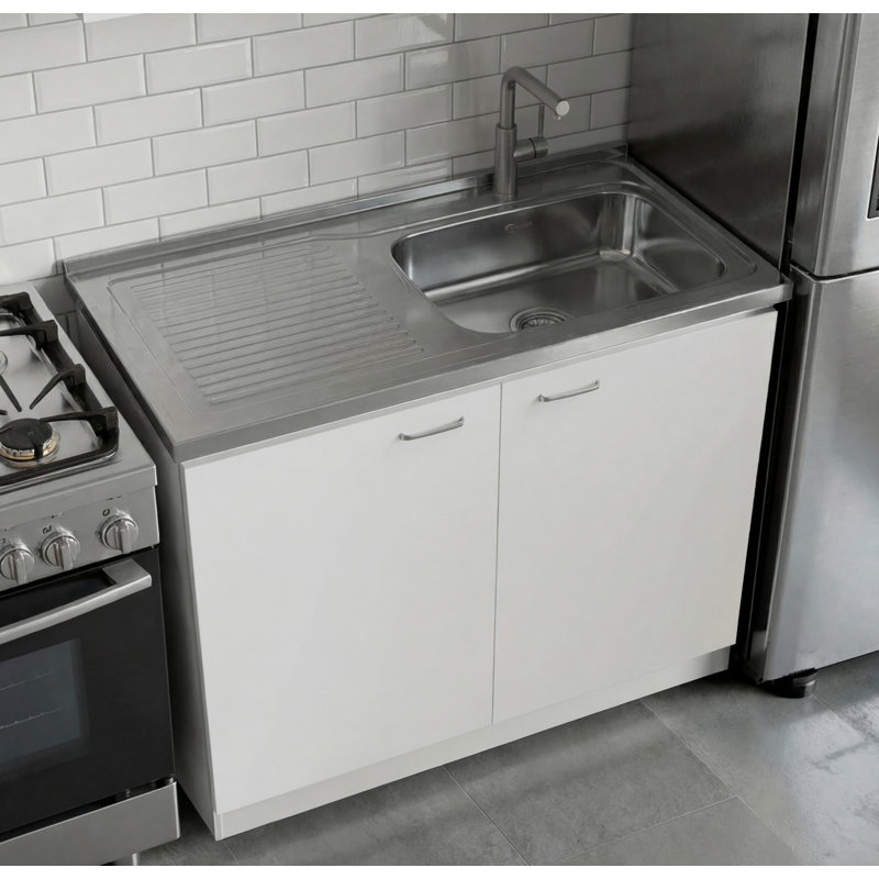 Napoles Utility Sink and Laundry Room Sink Cabinet with Integrated Stainless Steel Sink and Interior Storage Shelves, White