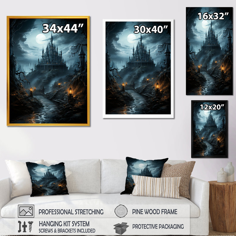 «Haunted Castle At Nightfall II - Châteaux», art mural, Cadre flottant brun, H 32 po x l 24 po x P 1 po