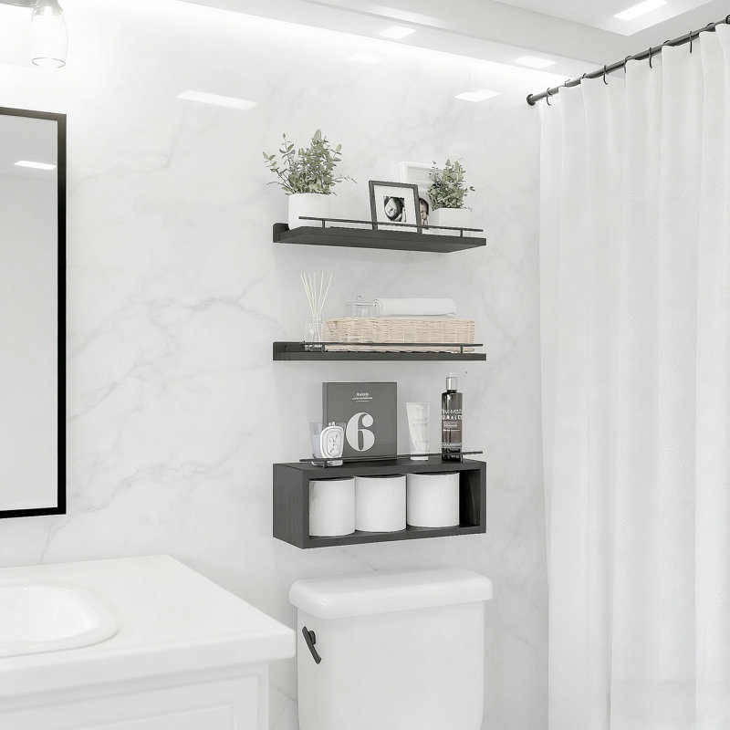 Ensemble 15,7 tablettes flottantes avec organisateur de cube, tablettes murales en panneau de fibres à densité moyenne noires avec rails en métal, capacité de rangement de 20 lb au-dessus de la toilette pour le salon de la salle de bain