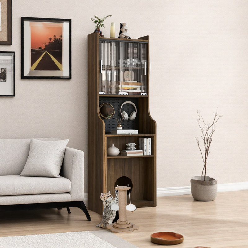 Mid-century Multi-use Extenable Cabinet Desk With Storage Peg Board, Storage Cabinet With Sliding Glass Doors, Led Light, Free Cat Cushion And Cat Toy