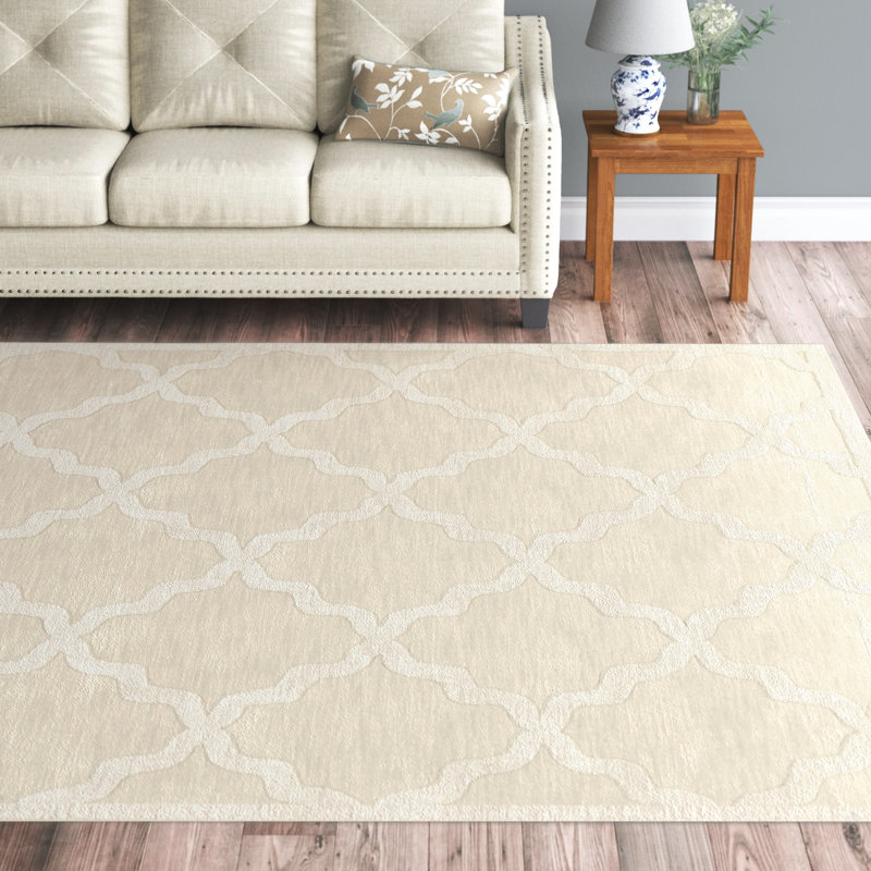 Tapis géométrique beige en laine fabriqué à la main Romina, Rectangle 6 pi x 9 pi