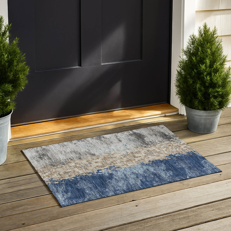 Tapis moderne Ceajay ACN3112 lavable à la machine pour intérieur et extérieur, Navy, 1 pi 8 po x 2 pi 6 po