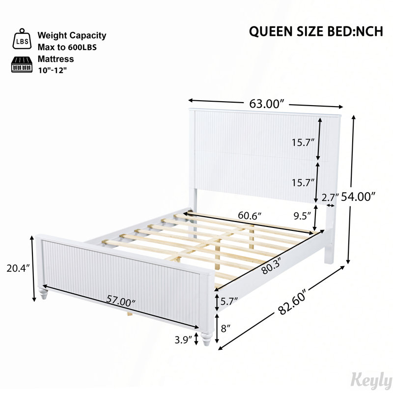 Lit plateforme classique en bois blanc avec panneaux rainurés, Queen