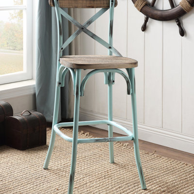 Antique Oak Cross Back Bar Stool - Vintage Inspired Design, Materials, 43.5" High X 18.5" Wide 20.5" Deep Vintage-Style In Comfortable Seating, Base, Metal Back,