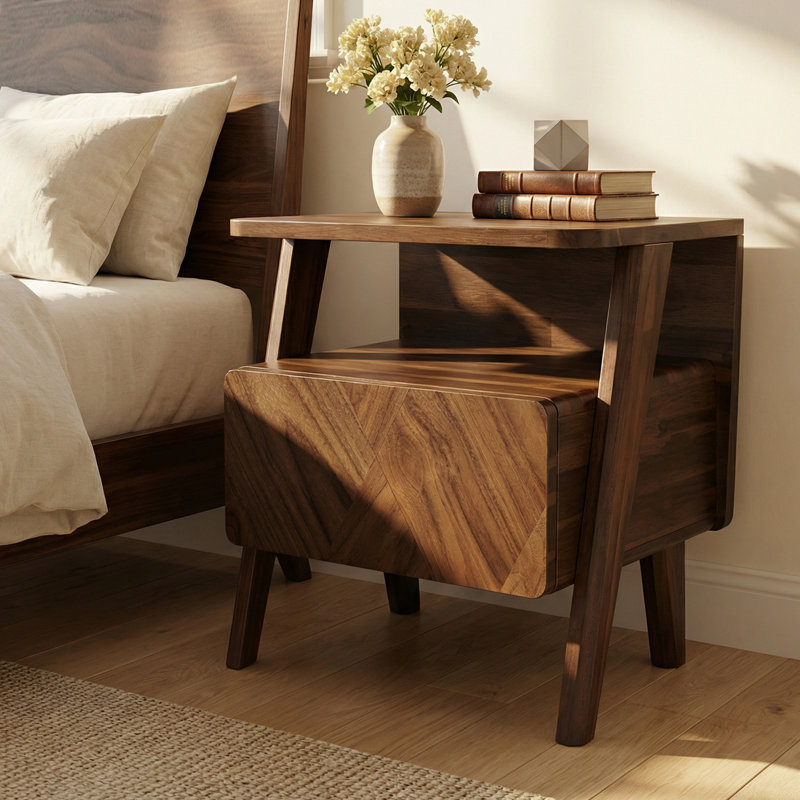 Solid Acacia Wood Nightstand, Bedside Table with Drawer & Open Shelf, Handcrafted Mid-Century Art Deco Accent Piece, Scratch & Water-Resistant, Walnut Finish