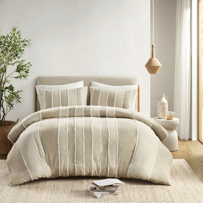 Housse de couette en coton de style bohémien avec rayures verticales alternantes pour attaches intérieures doubles / grand et à rayures blanches