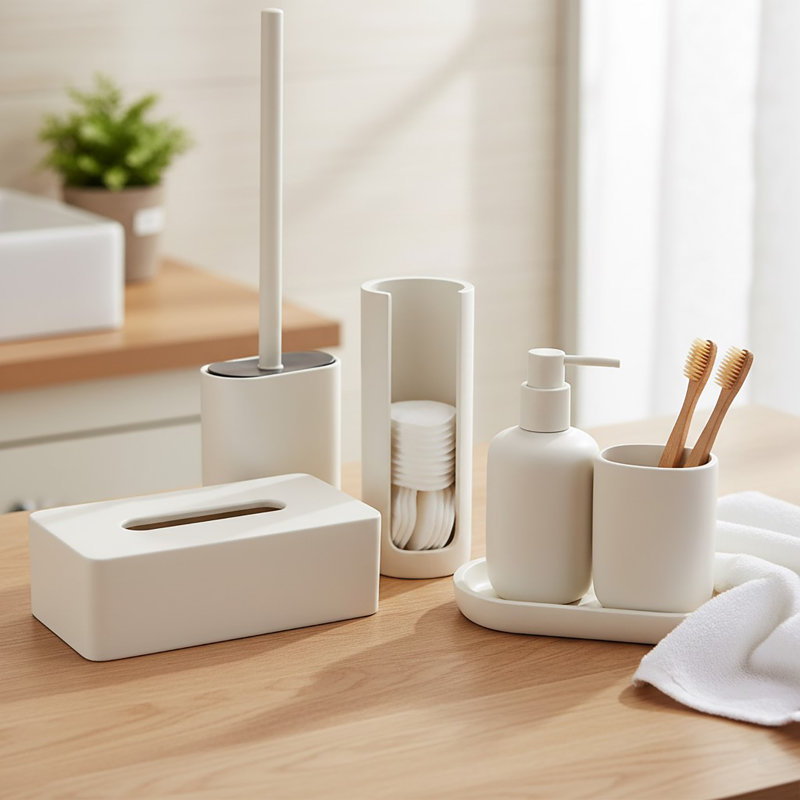 Ensemble d'accessoires de salle de bain 6 pièces beige, Blanc