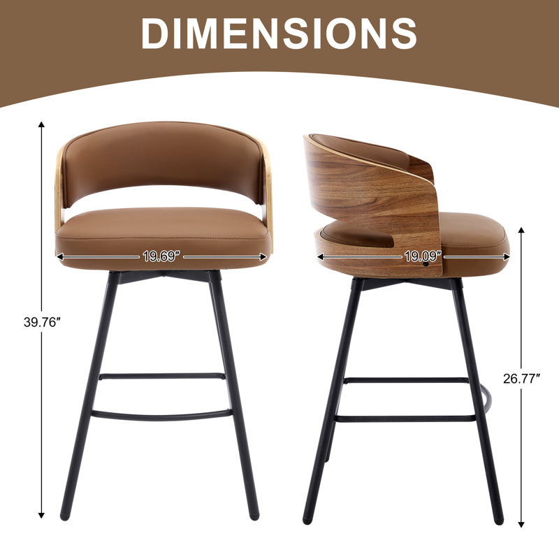 Tabouret de comptoir pivotant en similicuir avec dossier en bois cintré, Brun