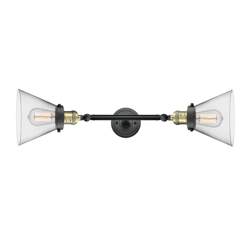 Cone 2 Light Bath Vanity Light, Black Antique Brass, Clear, 60 Watt Vintage Incandescent Bulb
