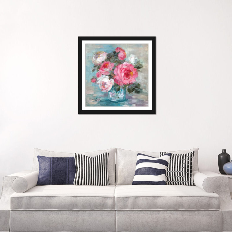 « summer roses ii », impression sur toile, H 24 po x l 24 po x P 1 po, Papier d'art encadré noir, Blanc