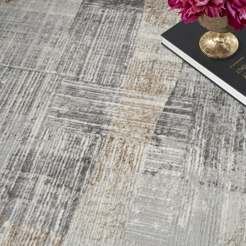 Tapis gris abstrait en polyester tissé à la machine, Rectangle 7 pi 10 po x 9 pi 10 po