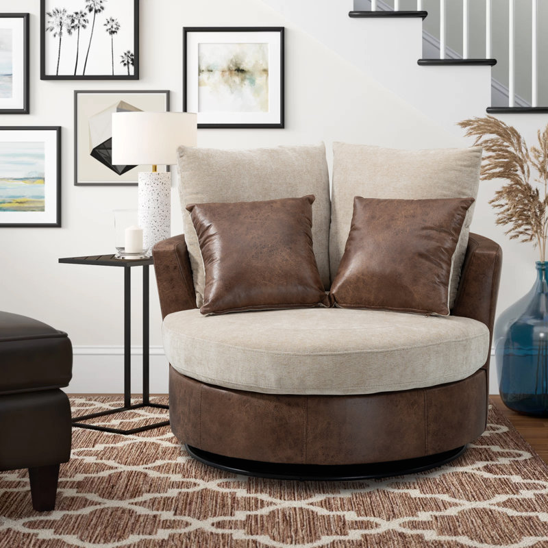 Fauteuil demi-tonneau pivotant de 42 po Dahlonega, Leathaire brun / chenille beige, 33.6' H x 40' W x 35' D