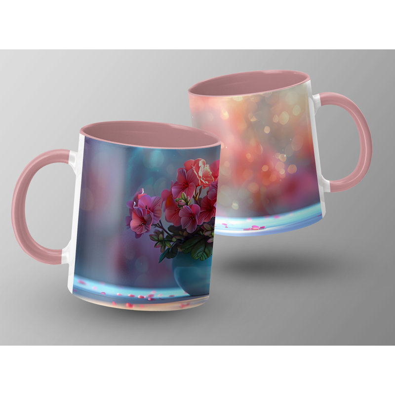 Set of 2 3D Design 11oz Accent Mugs – Ceramic Coffee Cups with a Pink Handle and Interior
