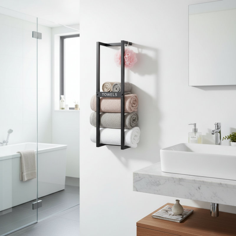 Modern Wall-Mounted Metal Towel Holder and Deluxe 8x32 Inch Bath Towels for Contemporary Bathroom