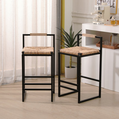 Set Of 2 Hand Weave Bar Stools With Back Counter Height Bar Chairs Paper Rope Woven Dining Stool For Kitchen, Home & Office