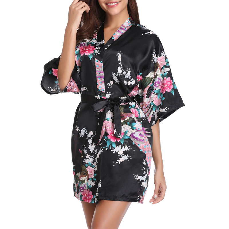 Ceres Satin Above Knee Bathrobe, M, Black