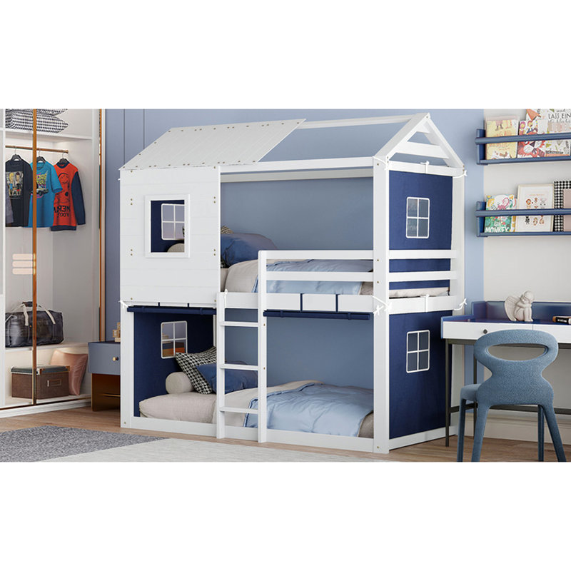 Lit superposé simple avec tente bleue et blanche, conception de style cabane dans les arbres, bois massif et matériau, activités de rangement spacieuses, décoration de chambre à coucher