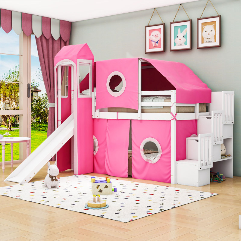 Jaleana Slat Loft Bed with Bookcase, Pink, Twin