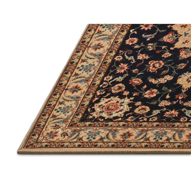 Tapis traditionnel noir / ivoire Cotillard, Rectangle 5 pi x 7 pi